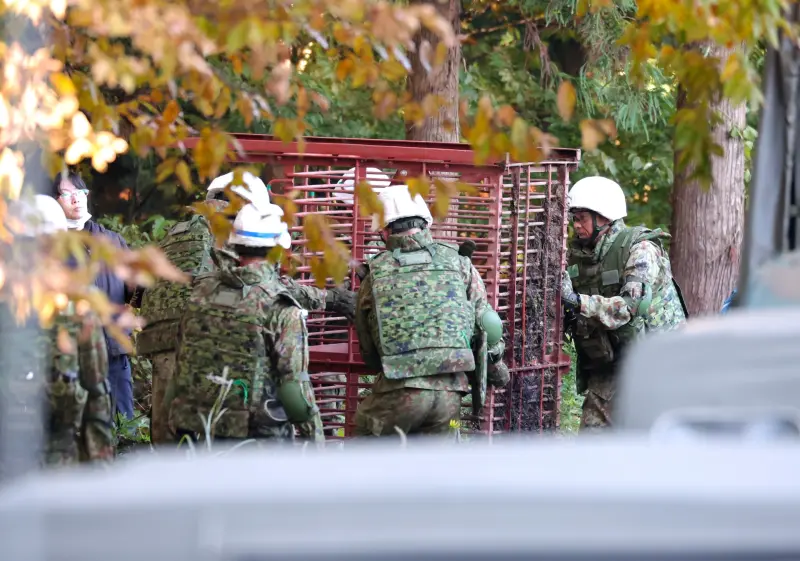 ▲日本陸上自衛隊5日與秋田縣政府簽約，派遣部隊協助運送箱型捕獸籠等，提供捕熊作業的後方支援。（圖／美聯社／達志影像）