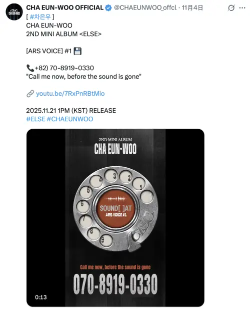 ▲粉絲只要撥打指定號碼，就可以接通車銀優的語音訊息。（圖／@CHAEUNWOO_offcl X）