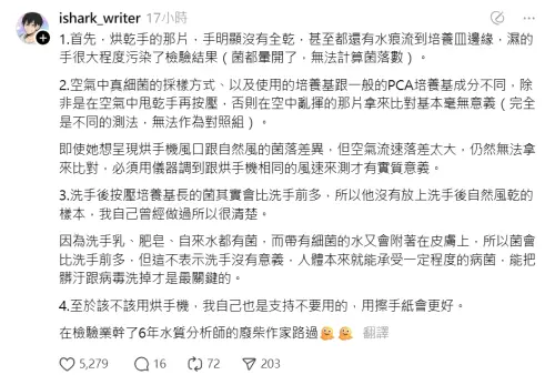 ▲曾任水質分析師的作家「愛鯊客」指出，影片中烘乾手後的採樣，濕的手會影響檢驗結果。（圖／取自Threads）