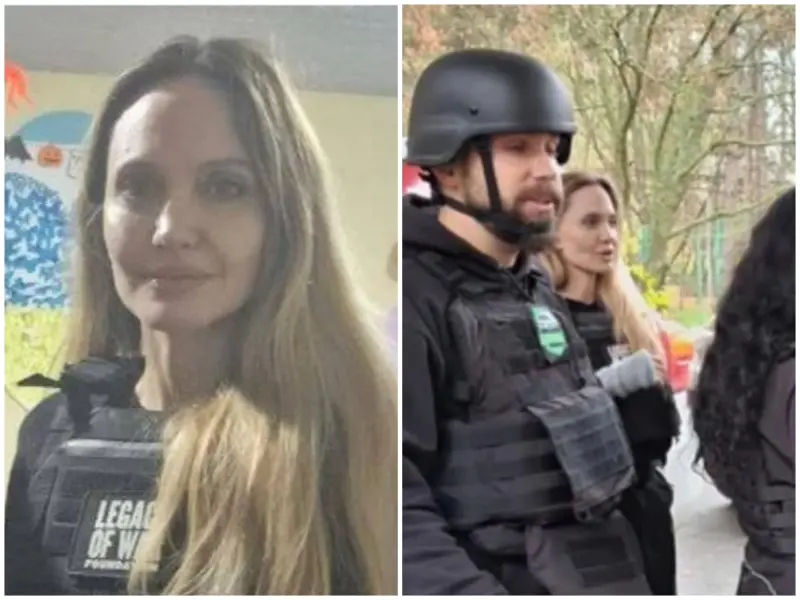 ▲知名好萊塢女星安潔莉娜裘莉（Angelina Jolie）本週二無預警走訪烏克蘭，到達前線城市赫爾松（Kherson）的醫院探視，結果一位隨行司機當場被徵兵處帶走，掀起討論。（合成圖／翻攝自臉書）