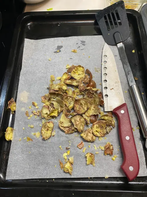 ▲網友附上栗子慘不忍賭的碎裂照，求救生栗子該怎麼去殼。（圖／取自家常菜臉書）