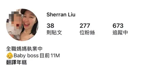 ▲劉純妤已關閉的IG帳號自介「全職媽媽執業中」，寶寶11個月，曾在托育社團找保母、母嬰社團出清物品，還標註「宅配上門取件是詐騙」，被諷刺反差大。（圖／翻攝畫面）