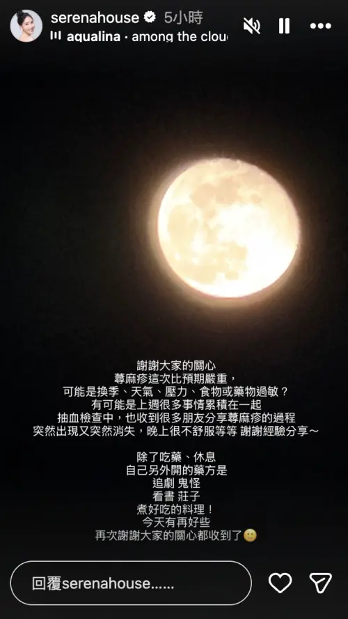 ▲房思瑜透露這次蕁麻疹比較嚴重，目前已經做了血液檢查。（圖／翻攝自IG serenahouse）