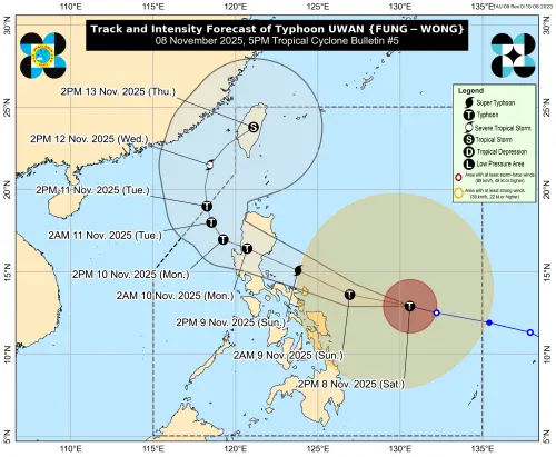 ▲菲律賓氣象局警告，颱風「鳳凰」（Fung-wong，菲國稱Uwan）正快速朝該國靠近，預計9日晚間登陸時將增強到超級颱風等級，環流可覆蓋整個國家。（圖／翻攝自菲律賓氣象局）