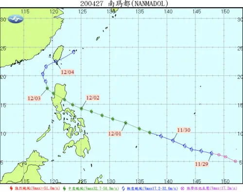 ▲2004年12月初的南瑪都颱風，路徑也是通過菲律賓後北轉，由西向東登陸台灣。（圖／中央氣象署cwa.gov.tw）