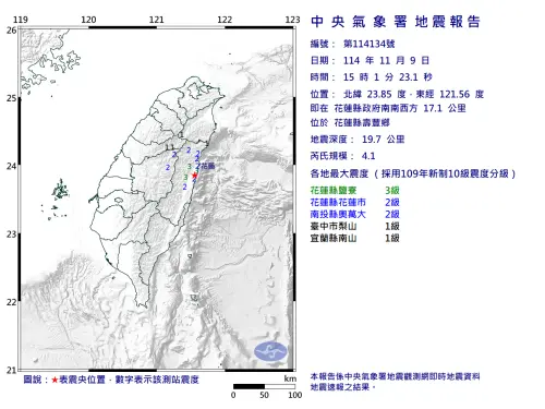 地震速報／15:01花蓮壽豐規模4.1地震！最大震度3級　4縣市有感
