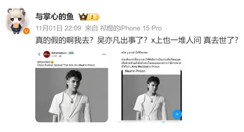 ▲吳亦凡被傳過世了。（圖／微博＠與掌心的魚）