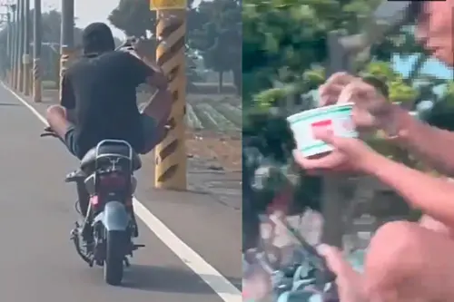 彰化時間管理大師！移工騎車「盤腿吃泡麵+看手機」　警方要罰了

