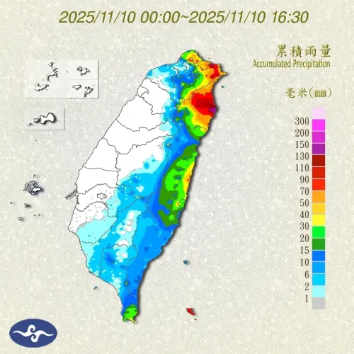 ▲11/10全台累積雨量前20名 ，集中在宜蘭縣、新北市、台北市。（圖／中央氣象署cwa.gov.tw）