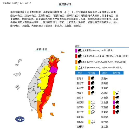 ▲鳳凰颱風來襲，中央氣象署針對13縣市發布大雨特報。（圖/中央氣象署cwa.gov.tw）