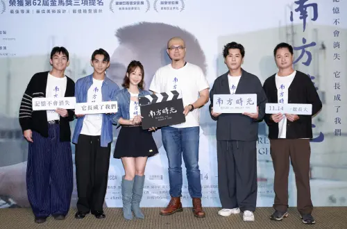 ▲溫傑恩（左起）、陳玄力、孫淑媚、曹仕翰、黃迪揚、鄭有傑出席《南方時光》首映會。（圖／百景娛樂提供）