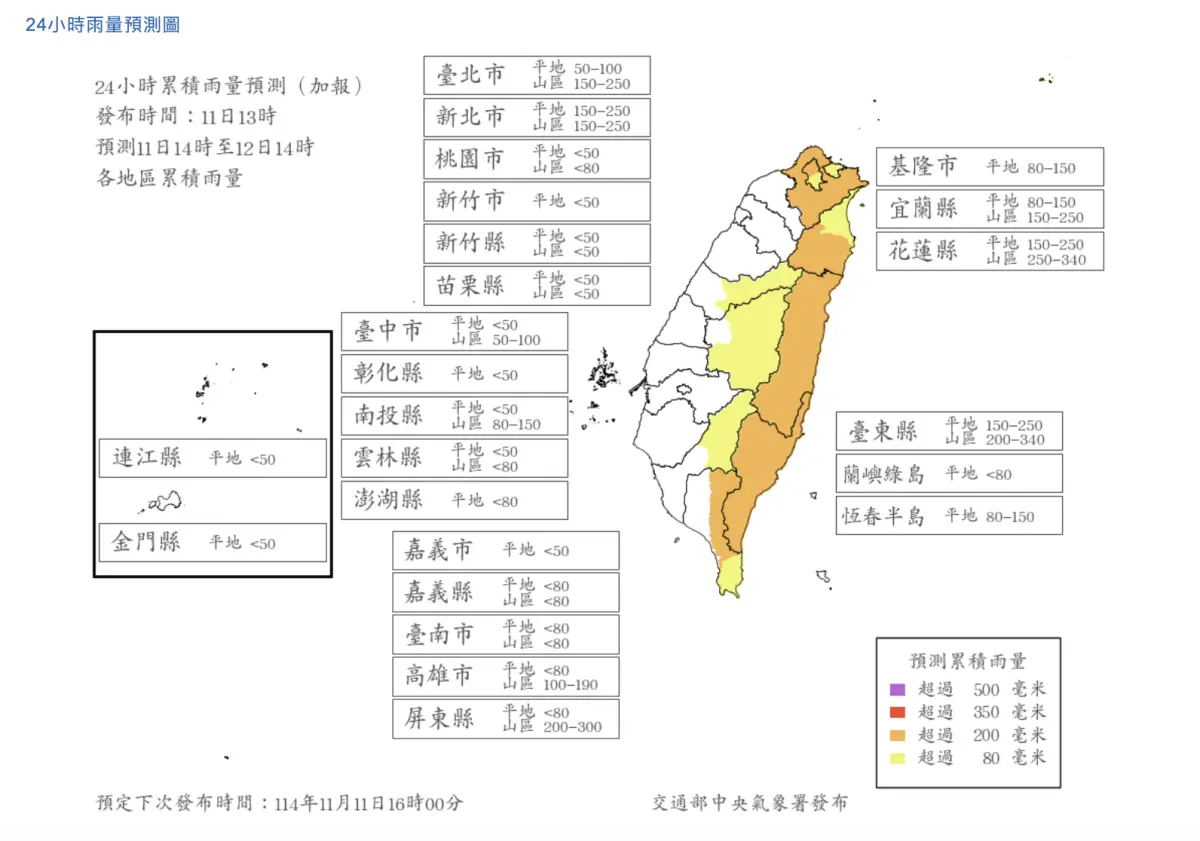 ▲中央氣象署今（11）日上午5時30分發布鳳凰颱風陸上警報，最新24小時「雨量預報」出爐。（圖／中央氣象署cwa.gov.tw）