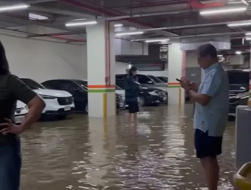 ▲受到鳳凰颱風外圍環流影響，致災豪雨於昨晚灌進宜蘭導致淹水災情頻傳，蘇澳煙波飯店地下室停車場「整排車都慘泡水」，還有羅東地下道已經淹成泳池，完全看不見原本路面。（圖／Threads@wendyyypig_授權提供）