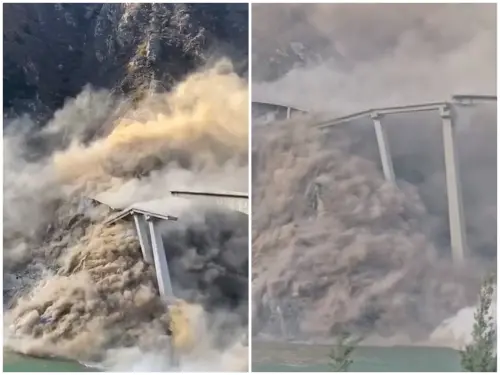 影／才完工10個月！中國四川阿壩州紅旗橋驚傳垮塌　激起漫天煙塵
