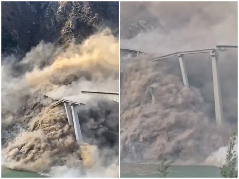 ▲中國四川阿壩州紅旗特大橋，昨（11）日發生坍塌事故，橋體殘骸與大量土石傾瀉而下，激起現場煙塵滿天，景象十分驚人。（合成圖／翻攝自微博）