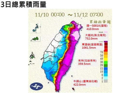 ▲根據中央氣象署統計，宜蘭蘇澳鎮3日累積雨量多達1061.5mm，而後續仍維持豪雨特報。（圖／取自氣象署報告）