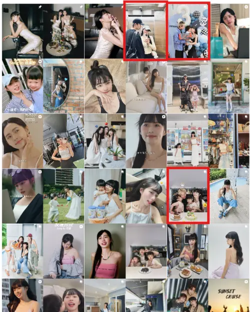 ▲簡廷芮IG上近36則貼文中，老公賴冠儒僅出現3次（紅框）。（圖／翻攝自PTT）