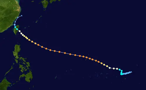 ▲1967年11月18日登陸台灣的吉達颱風路徑。（圖／NASA）