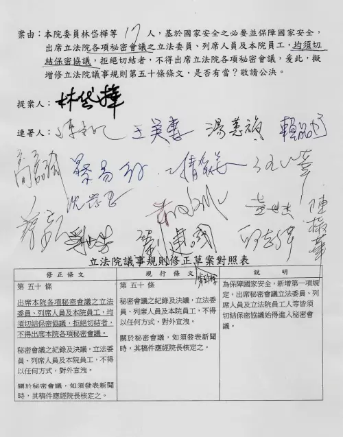 ▲林岱樺提連署，立法院的秘密會議，從立委到工作人員都要切結保密協議。（圖／林岱樺辦公室提供）