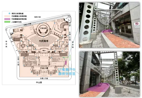 ▲新北市府行政園區公告禁菸範圍，包含市民廣場B1竹筍地標公共藝術周邊。（圖／新北市衛生局提供 health.ntpc.gov.tw）