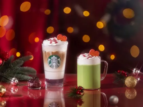 ▲星巴克新品，左起：「黑櫻桃風味瑪奇朵」中杯170元、大杯185元、特大杯200元；「黑櫻桃風味抹茶豆奶那堤」中杯165元、大杯180元、特大杯195元。（圖／星巴克http://starbucks.com.tw/提供）