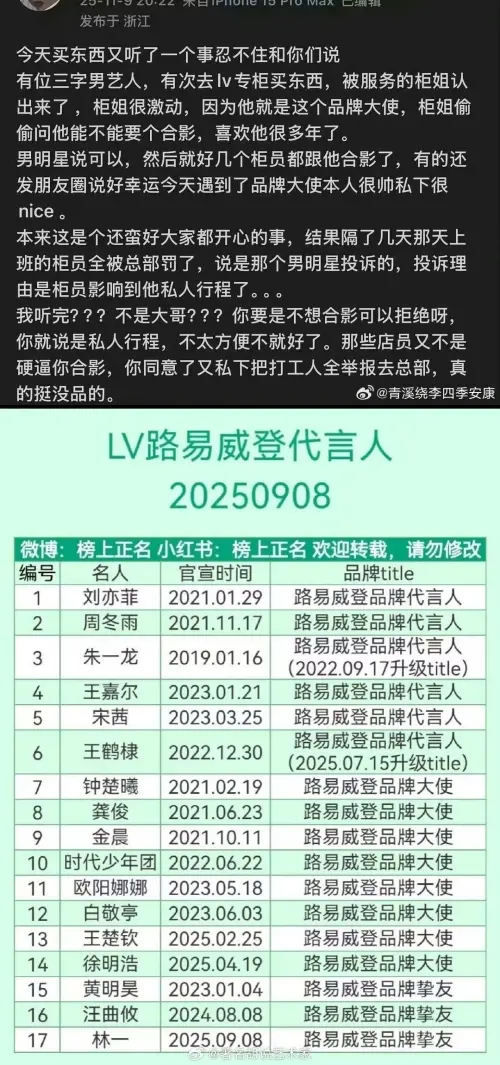 ▲網友爆料LV品牌大使男星雙面。（圖／翻攝自微博）