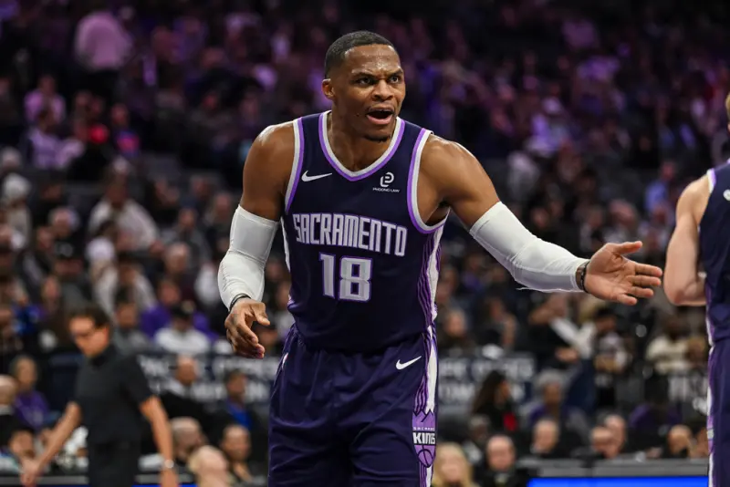 ▲國王球星「威少」衛斯特布魯克（Russell Westbrook）一向嚴肅看待外界以「Westbrick（打鐵衛，形容投籃很不準）」羞辱他的名字。（圖／美聯社／達志影像）