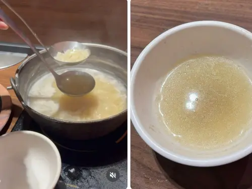 ▲把漏杓放在湯杓上，舀湯後挪開漏杓，就能完美分離出清湯了。（圖／Threads@jimmywang.com.tw授權使用）