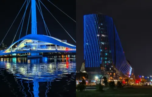 ▲TWICE即將來台開唱，高雄開啟全市應援，在各景點亮起子瑜代表色的藍燈。（圖／X@@godmitzu）