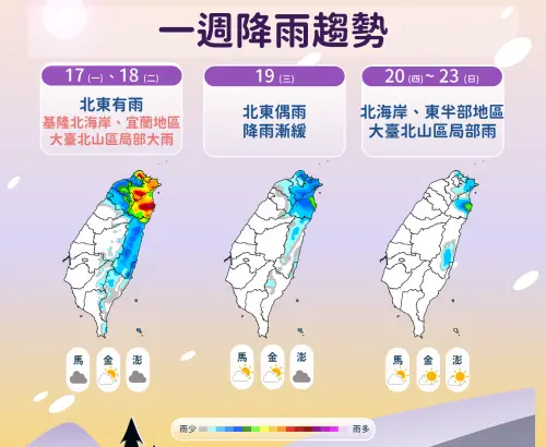 ▲本周影響台灣的冷空氣「水氣比較多」，北部、東北部都會是陰雨天氣，感受起來比較濕冷。（圖／中央氣象署cwa.gov.tw）