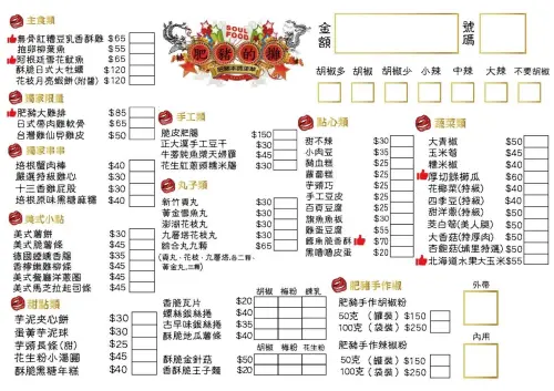 ▲「台灣雞仙貝雞皮」50元、「鱈魚脆香酥」70元、「花生粉小湯圓」45元，肥豬的攤菜單價格一圖看懂。（圖／肥豬的攤facebook.com/YongHoFatPig）