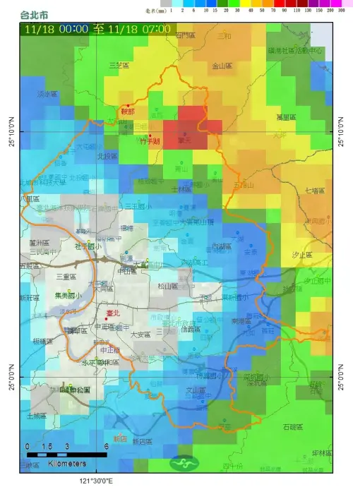 ▲今天截至上午7時，雙北雨區中有一小塊地方幾乎沒有雨量，形成特殊的「空白區」。（圖／鄭明典臉書）