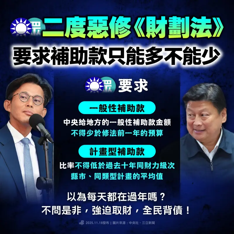 ▲民進黨直批「荒唐」，藍白二度惡修《財劃法》，要求補助款「只能多、不能少」。（圖／民進黨臉書）
