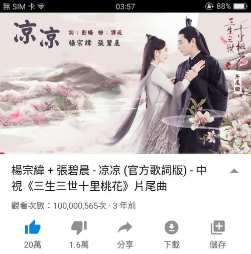 ▲楊宗緯和張碧晨合作的〈涼涼〉，點擊破億。（圖／）翻攝自張碧晨台灣粉絲團臉書）