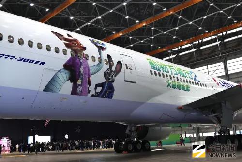 ▲華航「動物方城市2」主題彩繪機今（19）日正式出廠，首航台北-洛杉磯，超人氣主角胡尼克、哈茱蒂等躍上飛機。（圖／朱永強攝）