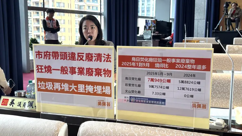 ▲市議員吳佩芸驚爆大里垃圾山變胖又變高的原因,是低價搶一般事業廢棄物到台中燒。(圖/記者顏幸如攝,2025.11.19)