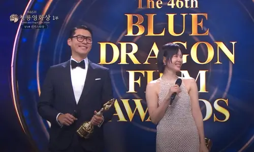 ▲玄彬、孫藝真在青龍獎雙雙獲得人氣獎，台上幾乎零互動，被粉絲笑喊超尷尬。（圖／翻攝自kbs.co.kr）