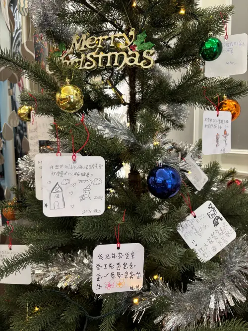 ▲寶格冰淇淋門市佈置耶誕樹，掛上孩子的許願卡，開放民眾認捐，目標是募集600份禮物。（圖／記者金武鳳攝，2025.11.20)