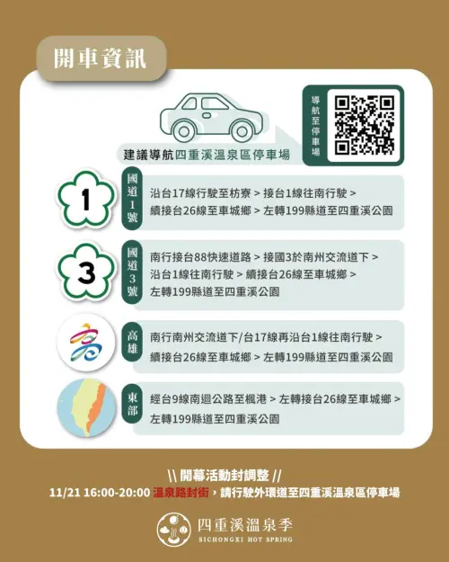▲「2025-2026屏東四重溪溫泉季」自行開車資訊（圖／屏東四重溪溫泉臉書 www.facebook.com/sichongxihotspringseason/）