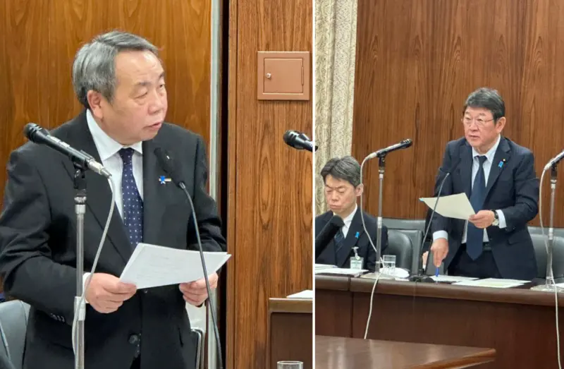 ▲出身中國、已歸化日本籍的日本維新會參議員石平（左），20日在參議院質詢時，直接把矛頭對準中國駐大阪總領事薛劍，要求外相茂木敏充（右）考慮將其列為「不受歡迎人物」、驅逐出境。（圖／翻攝自X）