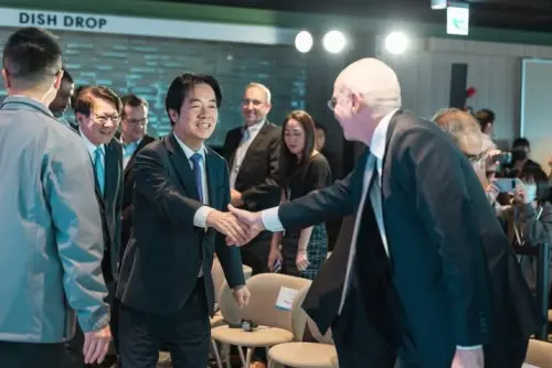 AIT Director Raymond Greene, who also speaks at the opening ceremony, shakes hands with president Lai Ching-te. (LinkedIn, Raymond Greene)
