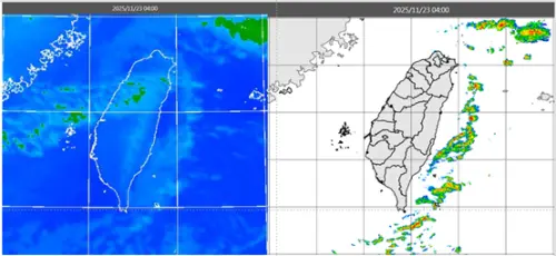▲23日清晨4時紅外線雲圖顯示，台灣上空有零散雲層，東側海上有降水回波。（圖／吳德榮提供）
