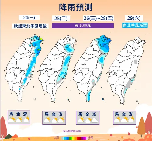 ▲東北季風增強、水氣也增多，除了周二降雨較少外，周五前北部、東半部體感都較為濕冷。（圖／中央氣象署cwa.gov.tw）