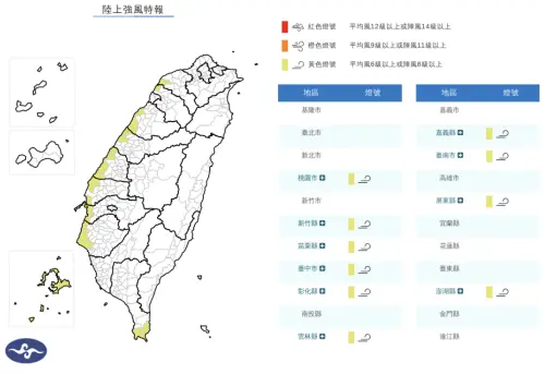 ▲「桃園市、新竹縣、苗栗縣、臺中市、彰化縣、雲林縣、嘉義縣、臺南市、屏東縣、澎湖縣」，將有平均風6級以上或陣風8級以上發生。（圖／中央氣象署cwa.gov.tw）