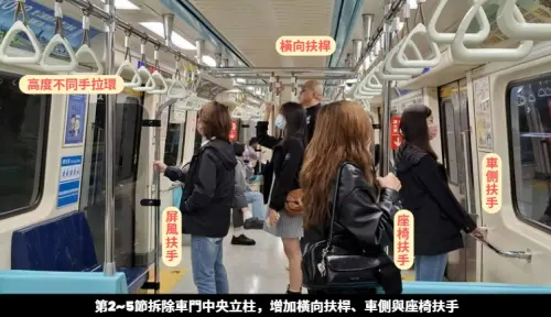▲「空間優化列車」車廂拆除立柱之後，在上方還新增6根橫向扶桿，車側、座椅增加扶手。（圖／台北捷運 Metro Taipei臉書）