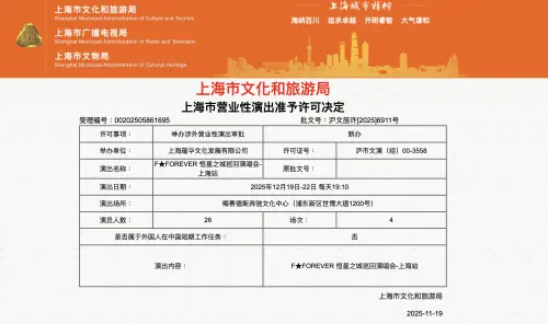▲根據中國上海市文旅局官網最新公布的「上海市營業性演出准予許可決定」，「F★FOREVER 恆星之城巡回演唱會-上海站」已正式獲批，確定將於2025年12月19日至22日，在上海梅賽德斯奔馳文化中心連唱4場。（圖／翻攝自上海市文旅局官網）