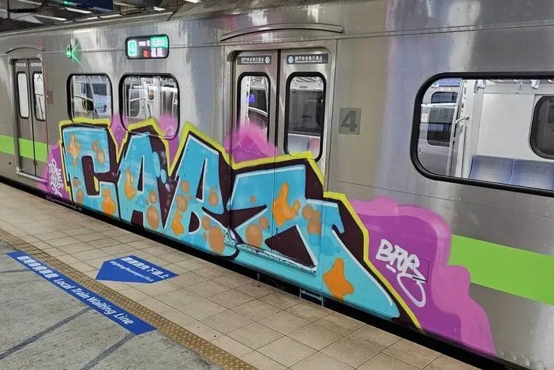 ▲▲台鐵區間車遭爆被大面積噴漆塗鴉，台鐵公司也已報警、並將啟動求償。（圖／台鐵提供）