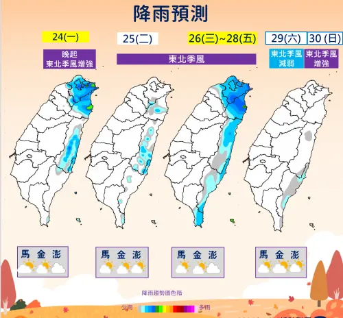 ▲東北季風增強、水氣也增多，除了周二降雨較少外，周五前北部、東半部體感都較為濕冷。（圖／中央氣象署cwa.gov.tw）