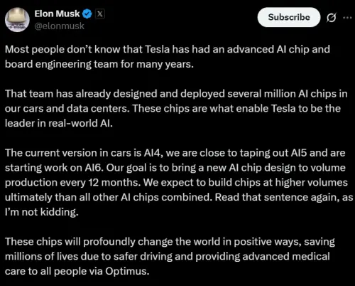 馬斯克放話「不是開玩笑」　特斯拉AI晶片將比所有對手加起來還多
