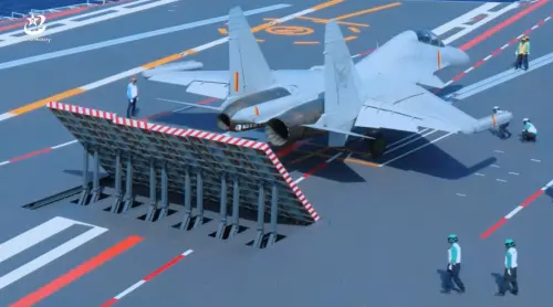 A PLA Navy J-15 fighter takes off from the Fujian’s deck. (China Military Online Video)